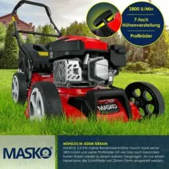 MASKO® Tondeuse à Essence 5 En 1 Roue Motrice Fonction De Nettoyage EasyClean Fonction Mulching Éjection Latérale Largeur De Coupe élevée Réglage De La Hauteur De Coupe Sur 8 Positions | Moteur 4 Temps | Bac De Ramassage, Rouge Noir, Schnittbreite 42cm (d -Tondeuse Boutique 54827847 4