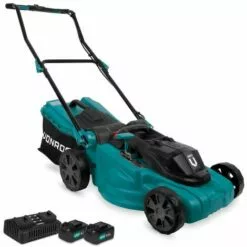 VONROC Tondeuse à Gazon 40V – Largeur De Coupe 38 Cm – Réglage Central De La Hauteur – 2 Batteries 4.0Ah Et Un Chargeur Rapide Double